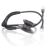 A black medical stethoscope with a metallic silver chestpiece and white ear tips, displayed on a clean white reflective surface. The chestpiece features the brand name 'MDF' printed on it.