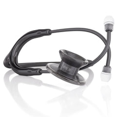 A black medical stethoscope with a metallic silver chestpiece and white ear tips, displayed on a clean white reflective surface. The chestpiece features the brand name 'MDF' printed on it.