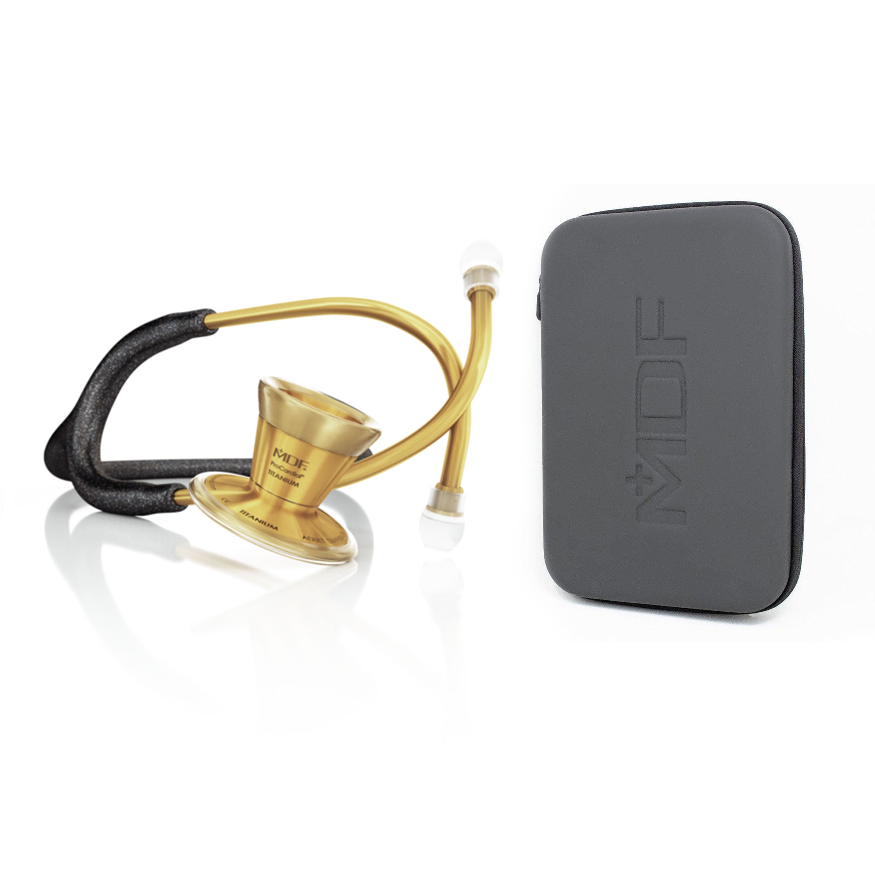 ProCardial® Titanium Adult Cardiology Stethoscope - Black Glitter/Gold + Case - MDF Instruments UK